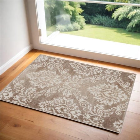 HomeRoots 556205 2 x 3 ft. Damask Distressed Non Skid Rectangle Area Rug, Ivory & Brown