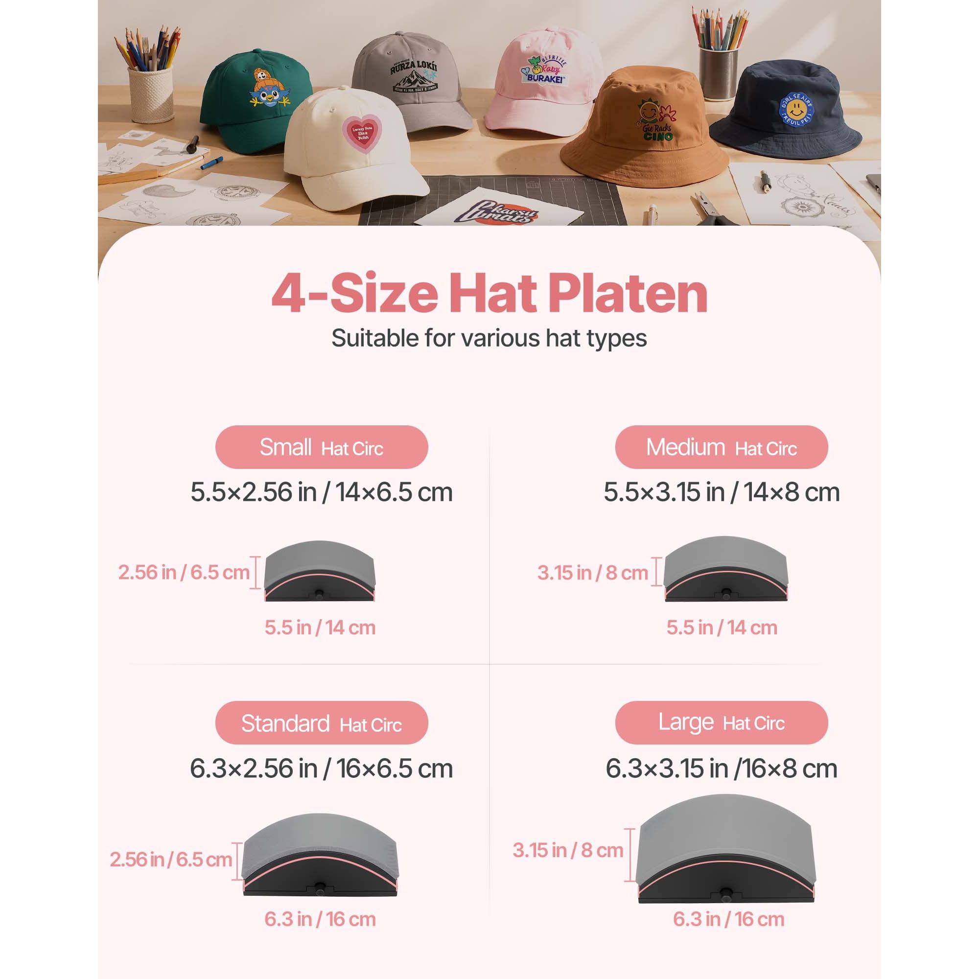 KFFKFF Hat Heat Press Machine with 4 Interchangeable Platens, Accurate Temperature and Time Settings, Ideal for HTV and Sublimation on Caps, Headbands, Cuffs, and Masks, Pink
