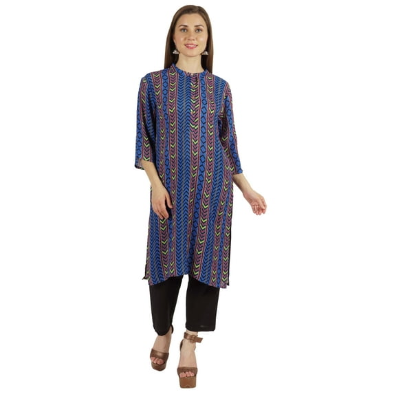 Moomaya Printed Womens Kurti 3/4 Sleeve Mandarin Collar Straight Kurta Soft Summer Tunic