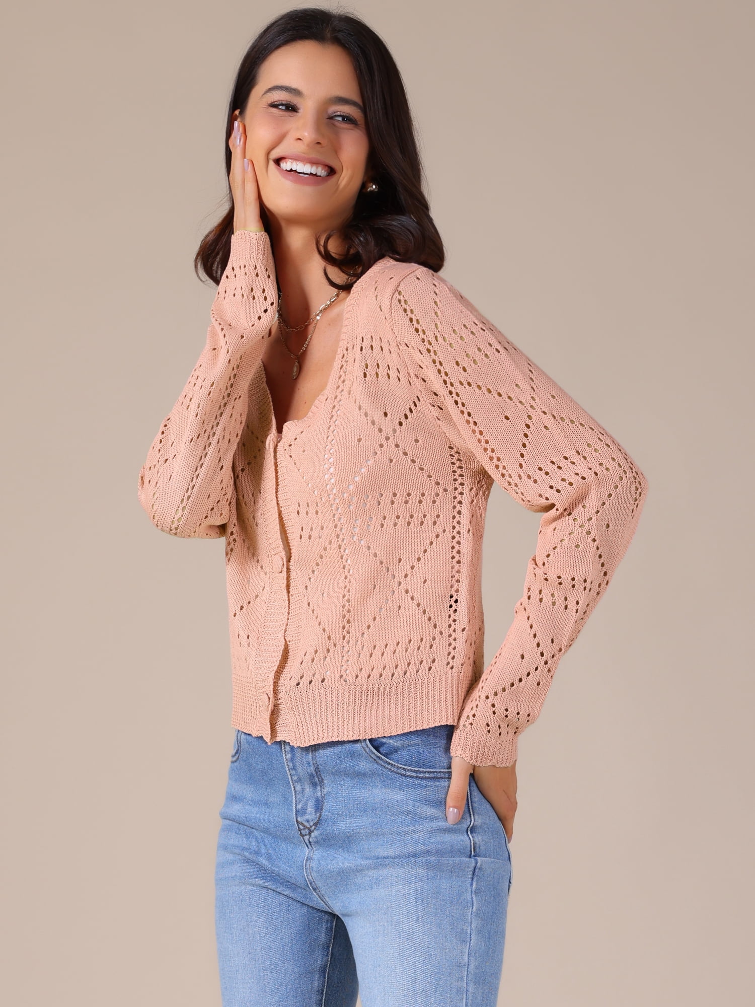 DARING DIVA Women's Long Sleeve Cropped Knit Button Up Crochet Cardigan S Peach Pink