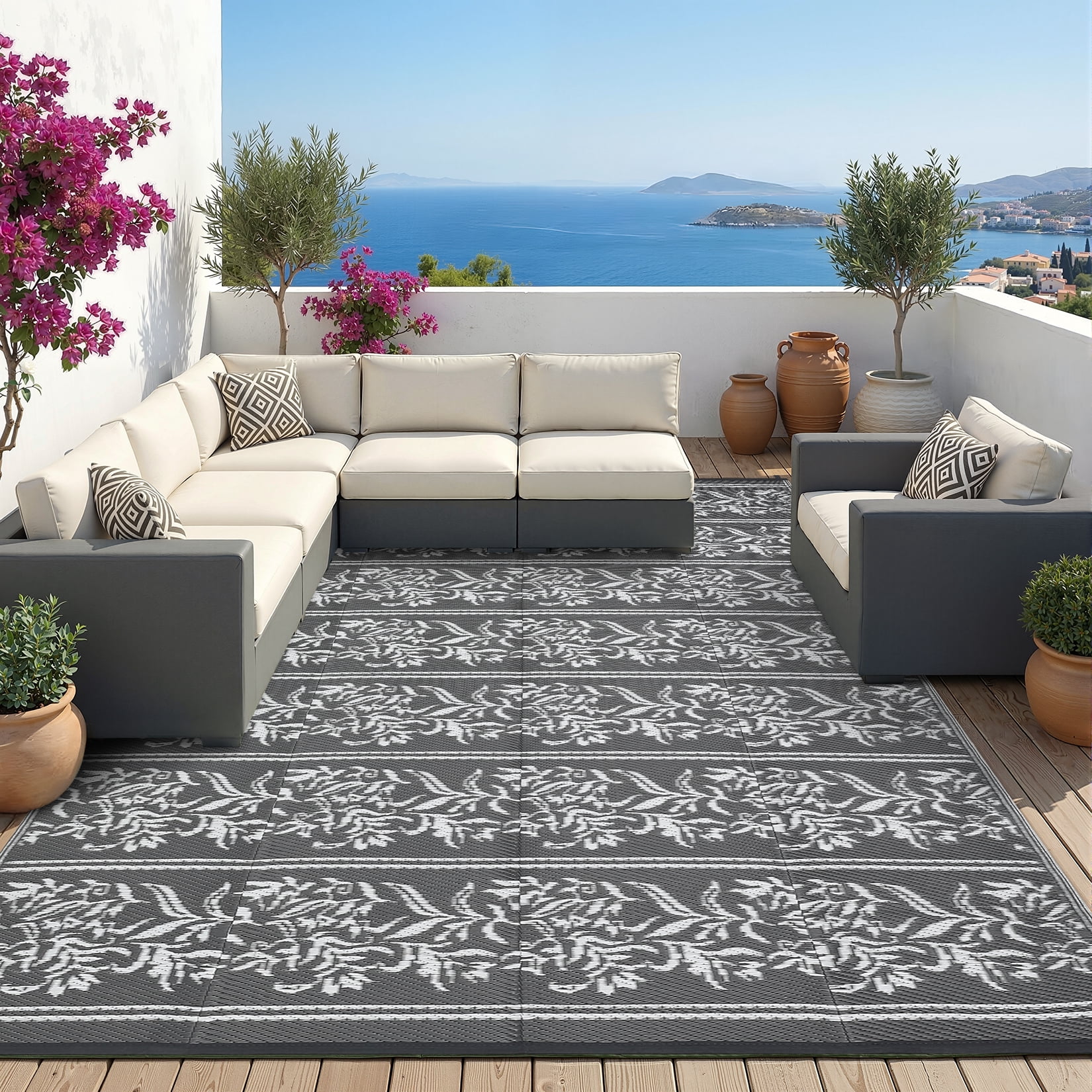 Nanan 9'x18' Outdoor Patio Rug Waterproof Reversible Outdoor Rug Portable Foldable Floral Mat for Camping Balcony Backyard RV Picnic, Gray White