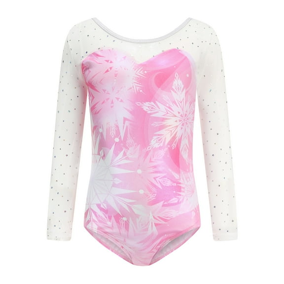 Children's Long Sleeved Gymnastics Suit, Snowflake Pattern Glitter Gymnastics Collant, BodySuit Collant Gymnastic Leotards for Girl Pink For Ages 5-6