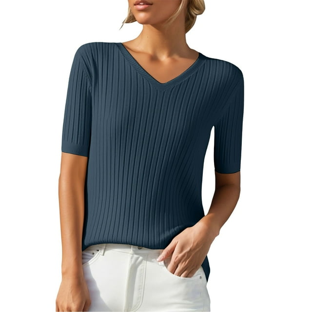 Chandails d'Automne d'Hiver Grande Taille pour Femmes T-Shirt Ample à Col Rond à Manches Courtes avec Bas en Tricot Haut Court Bleu Foncé L