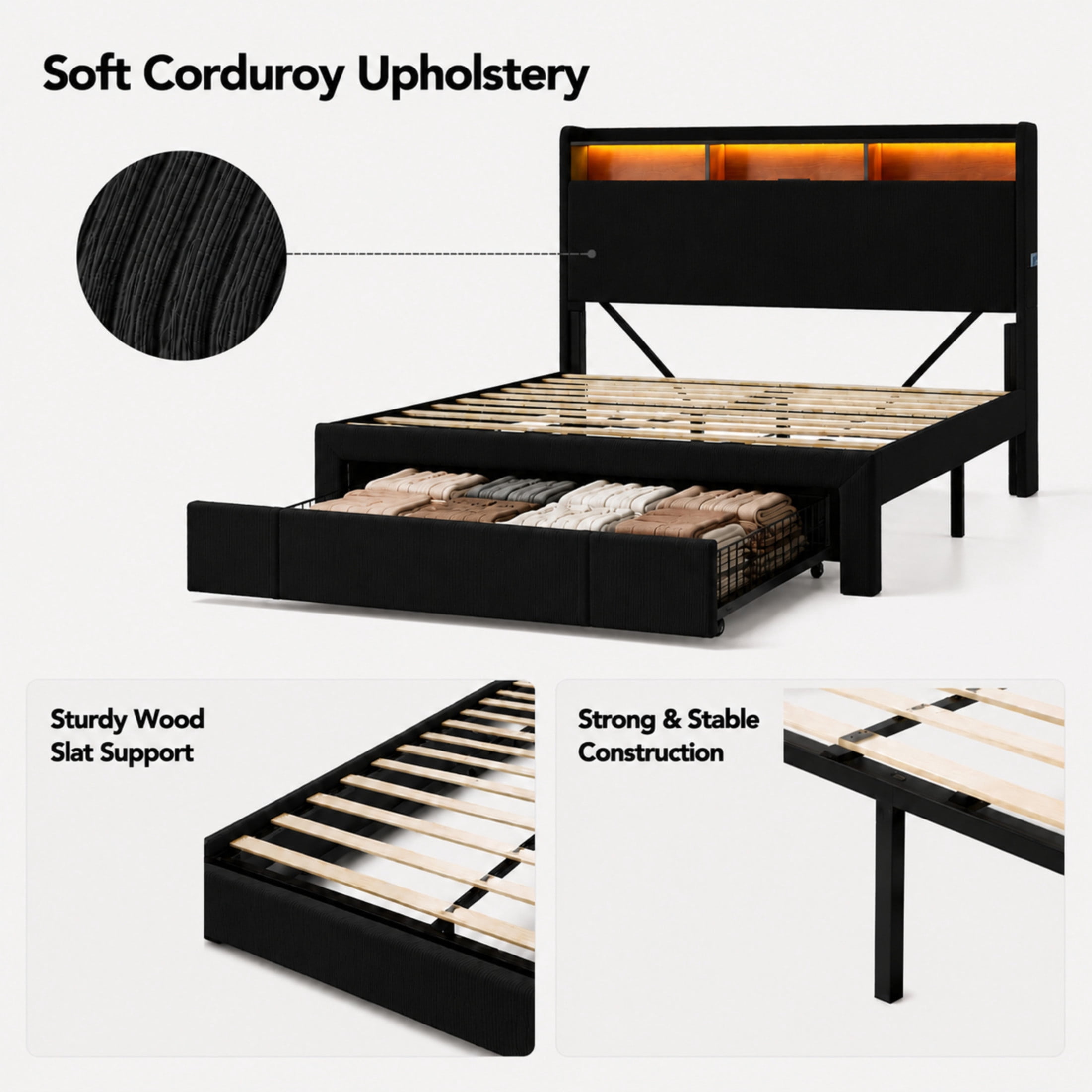 Noble House Rowen Queen Upholstered Platform Bed Frame with Charging Station & LED Light, Storage Drawers, Black