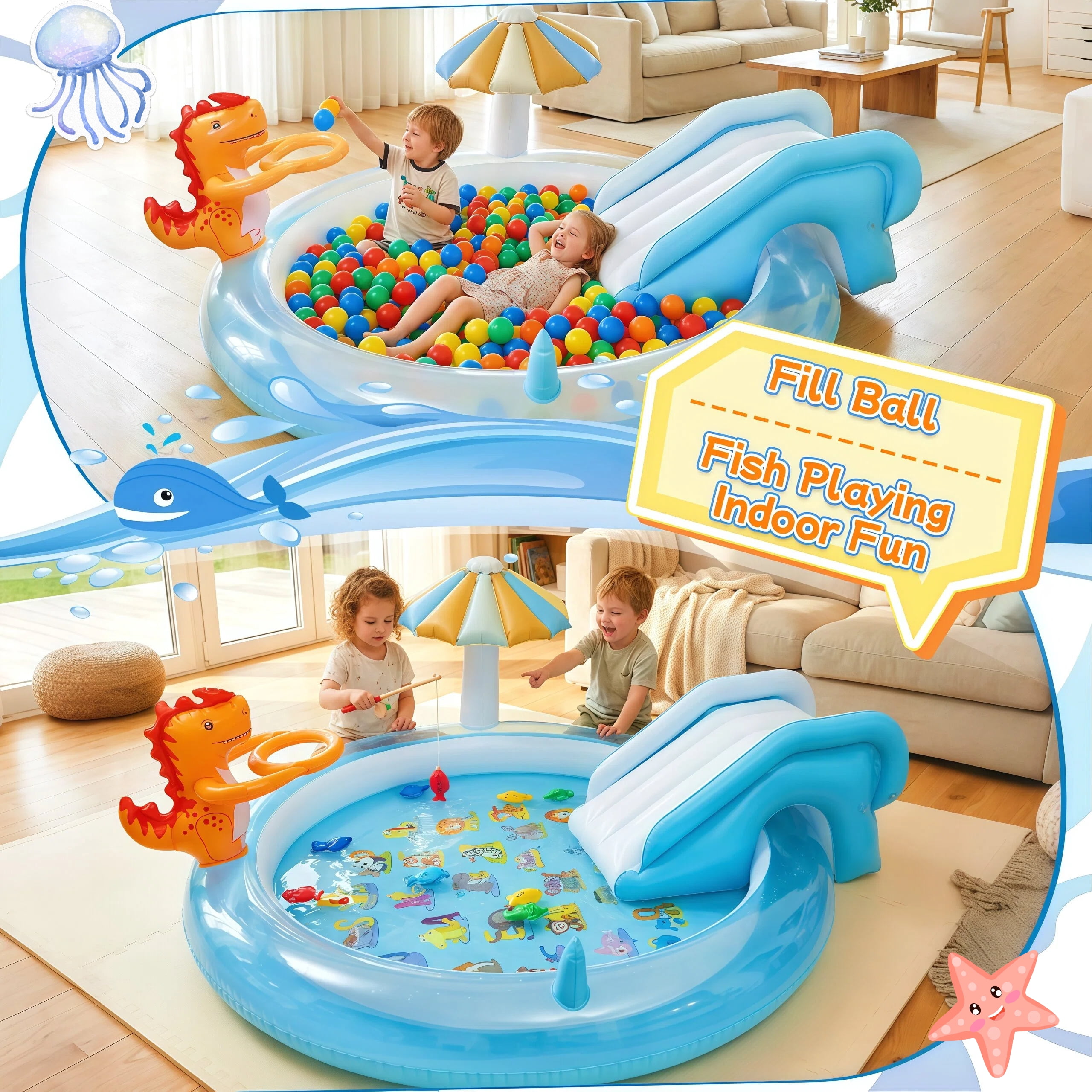 Teblint Dinosaur Inflatable Pool, 75" x 75" x 7.4" Sprinkler Swimming Pool, Spray Kiddie Pool, Play Center Water Toys for Backyard Lawn, Above Ground, Outdoor