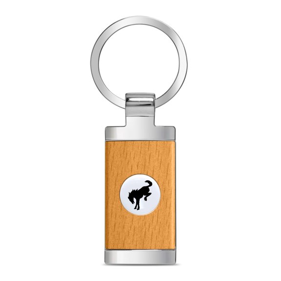 iPick Image for Ford Bronco Roundel Logo in White on Maple Wood Chrome Metal Trim Key Chain, Official Licensed