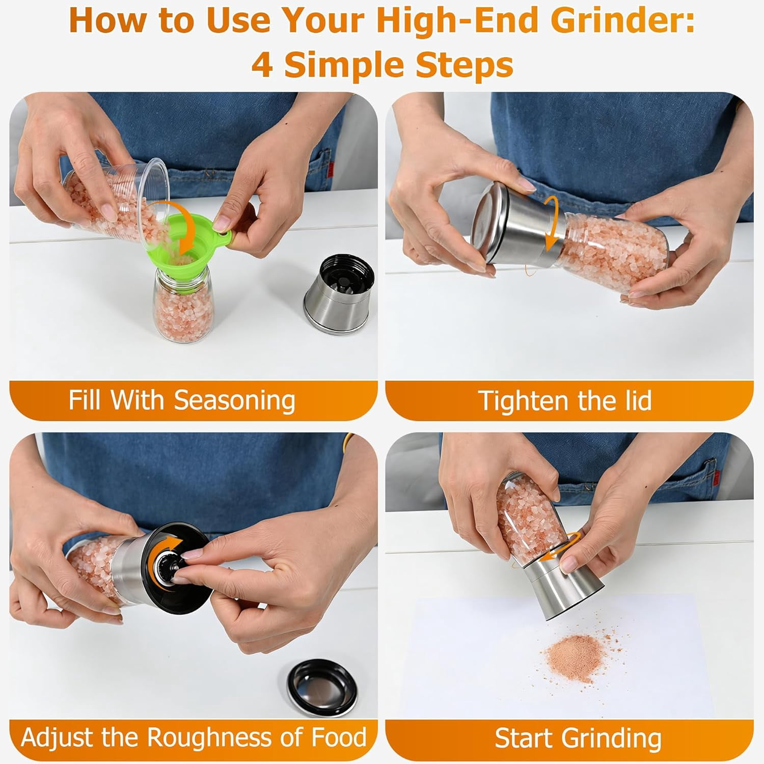 Short Silver Premium Stainless Steel Salt and Pepper Grinder Set of 2，Adjustable Ceramic Mill - Manual Grinder for Salt, Pepper [No Spices Included]
