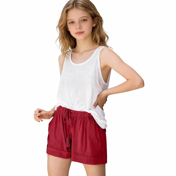 CPNG Kids Girls Boys Cotton Shorts Comfort Soft Sport Jogger Shorts Casual Elastic High Waist Drawstring Shorts(Red,16-17 Years)