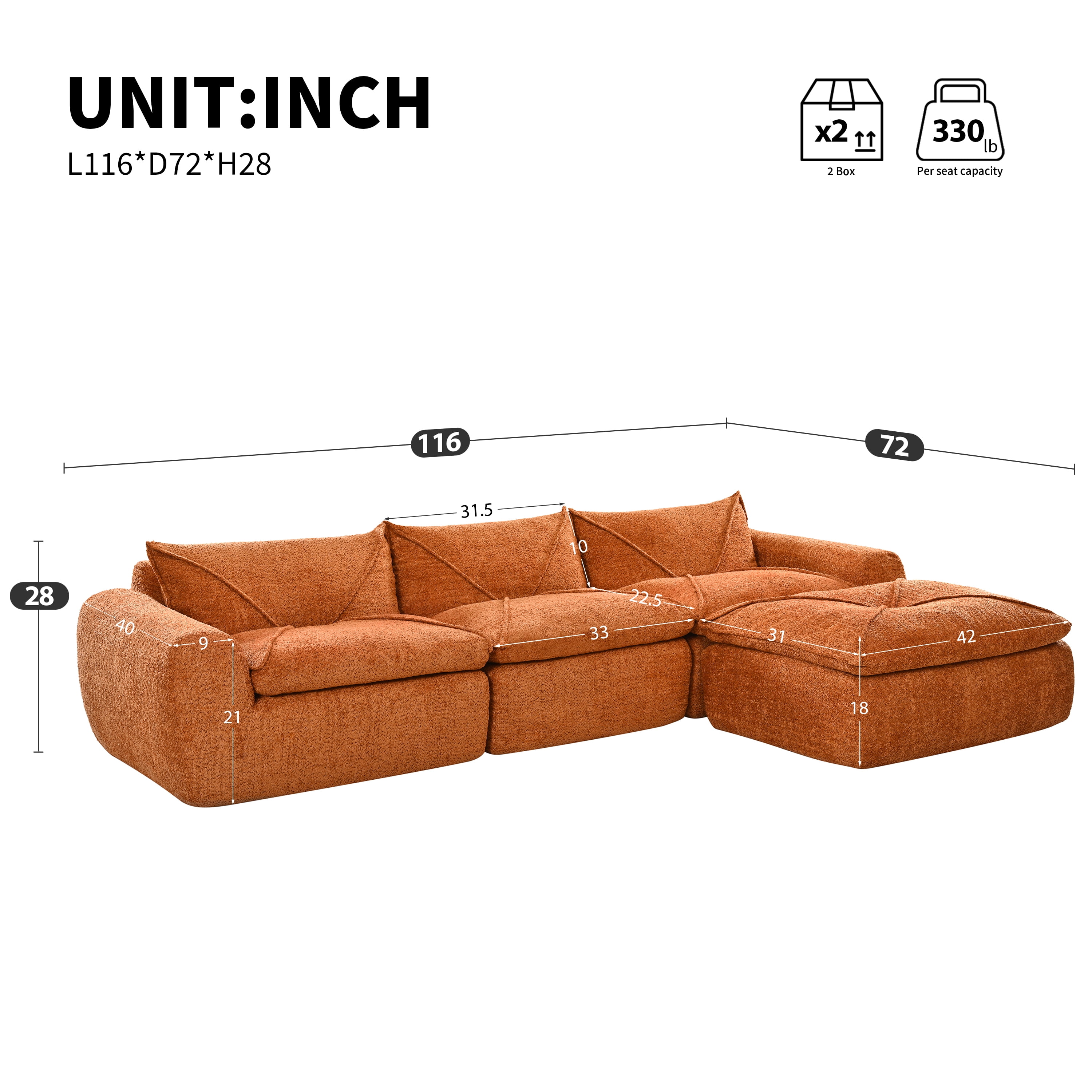 Euroco 116'' Fully Compressed Sofa with High Density Foam, Integrated Backrest&Seat Cushion, Decorative Edging, Legless Design without Frame, No Assembly Required, Free Combination