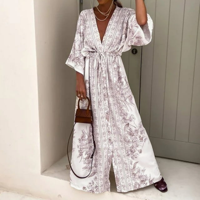 Robes pour Femmes Printemps Été Nouvelle Grande Robe Évasée Mode Rétro Boho Imprimé Col en V Taille Haute Jupe Longue à Nouer