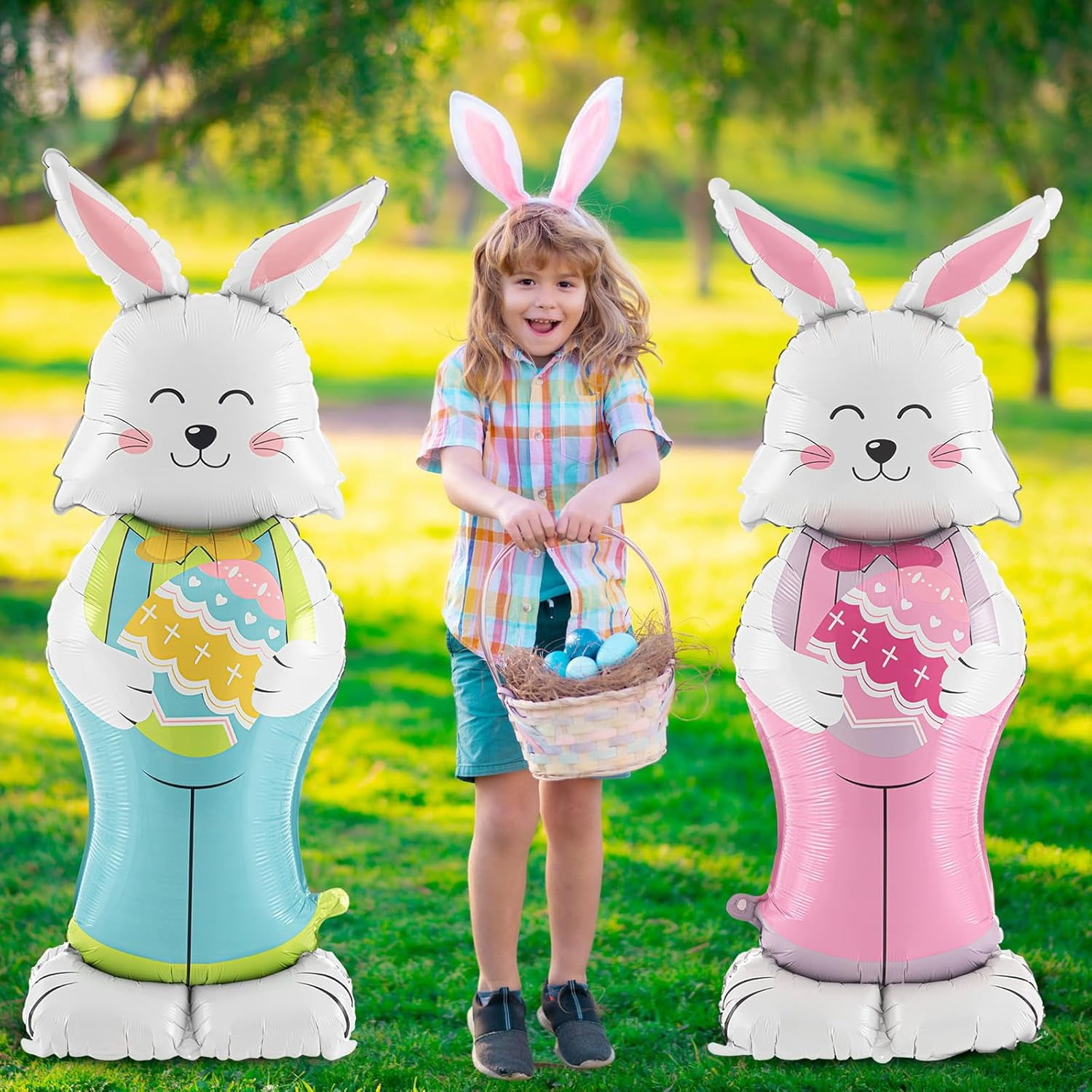 Easter Bunny Balloons, 2-Pack 59-Inch Large Rabbit-Shaped Foil Balloons With Base For Standing Display, Cartoon Bunny Decor For Easter Birthday Spring Party