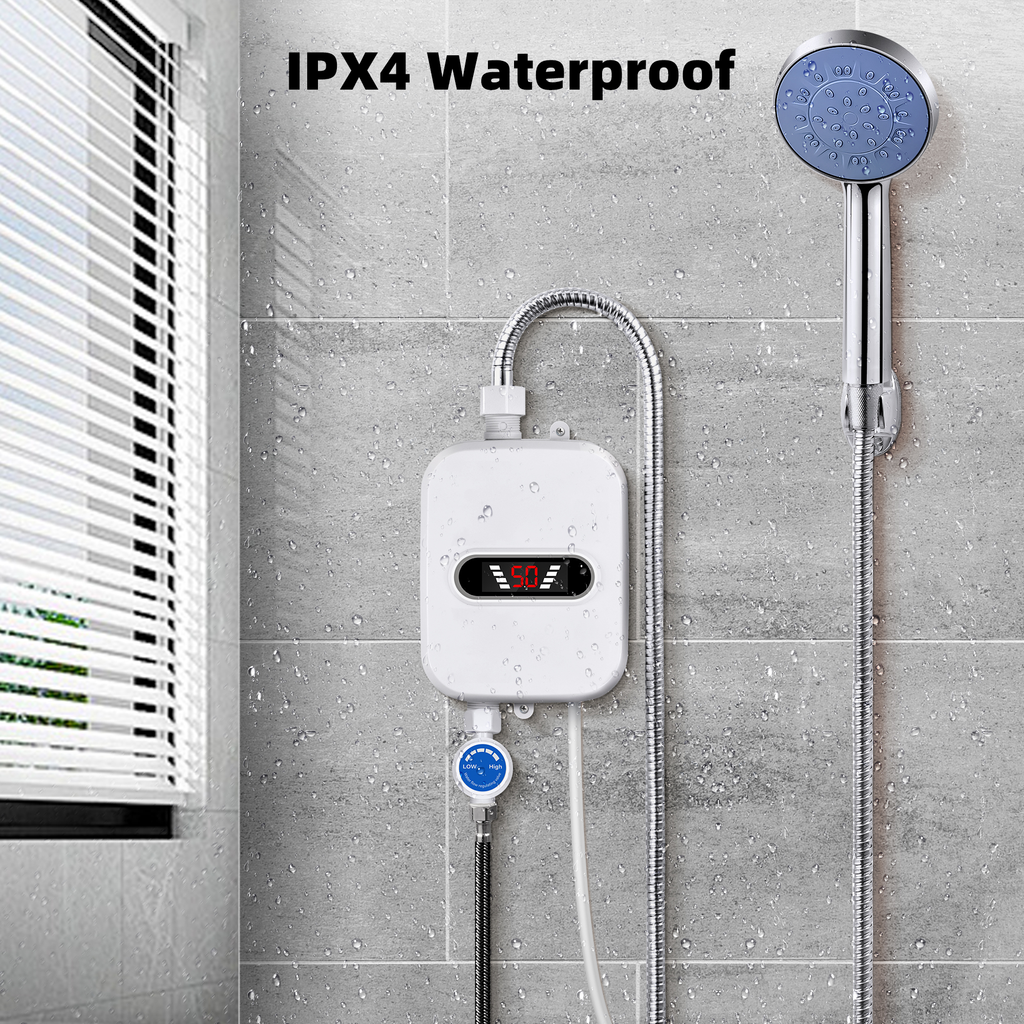 IHRAT Electric Tankless Water Heater with Shower Head Set, 3500W Instant Hot Water Heater with LCD Display for Home Bathroom - White