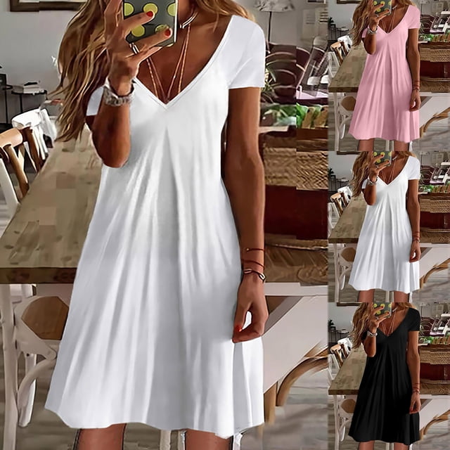 Gspmoly Robes d'Été pour Femmes, Mode Décontractée Col en V Couleur Unie Ample Élastique Manches Courtes Jupe Robe Cocktail pour Femmes en Liquidation