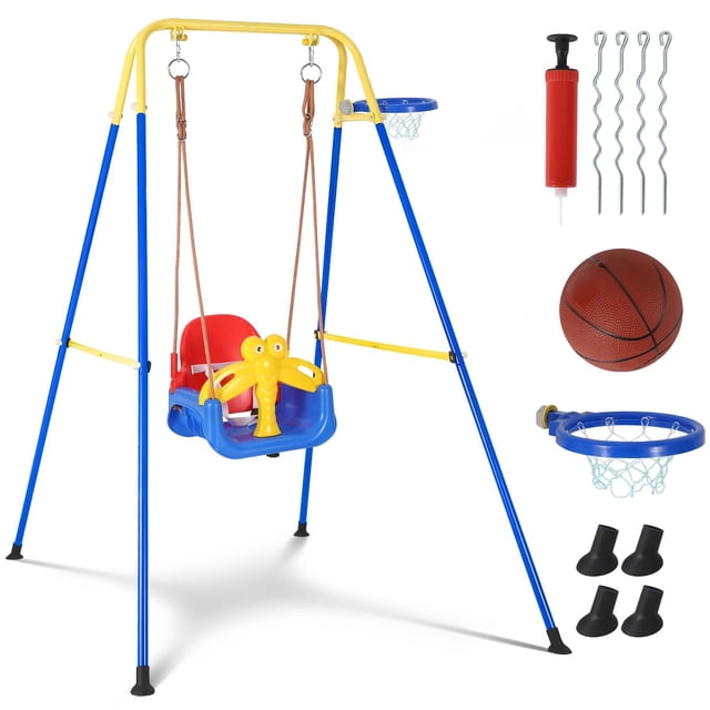 QinaQin Columpio infantil 4 en 1 plegable para patio o casa, centro de juego portátil con aro de basquetbol, ideal para bebés y niños de 6 a 36 meses o más