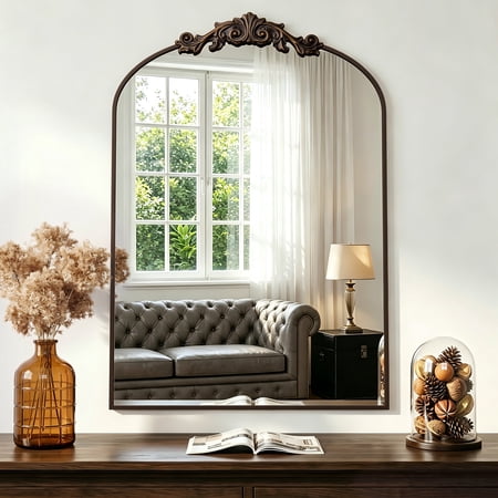 Cuteday Vintage Wall Mirror 22 x30 Arched Mirror for Vanity Antique Decorative Mirrors with Carved Metal Frame for Bedroom Living Room Entryway Fireplace Hallway Bronze