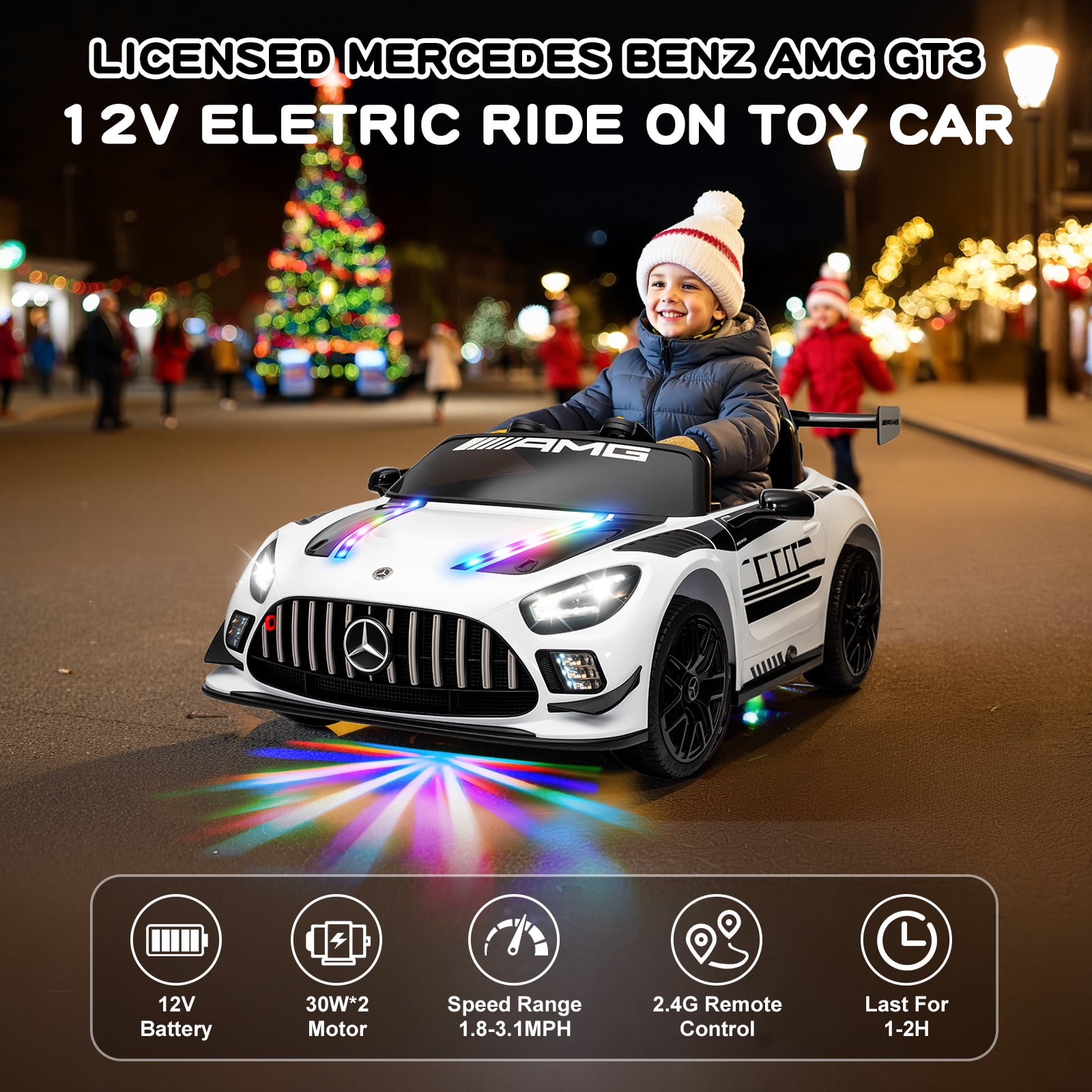 MUKIDY 12V Licensed Mercedes-Benz AMG GT3 Electric Ride on Car Toy for Toddler Kid w/ Remote Control, LED Lights, MP3 Player, White