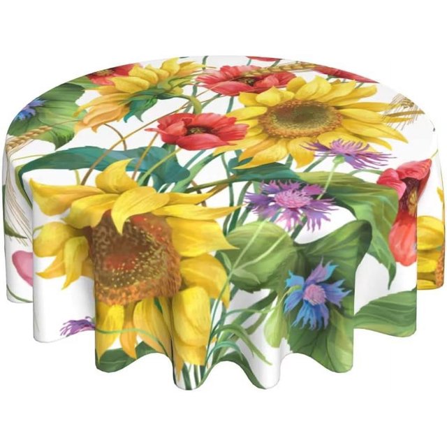 Sunflower Tablecloth 60 Inch Round Floral Table Cloth Dust-Proof Wrinkle Resistant Rustic Farmhouse Flower Tablecloth for Holiday Kitchen Dining Room Party Picnic Indoor Outdoor