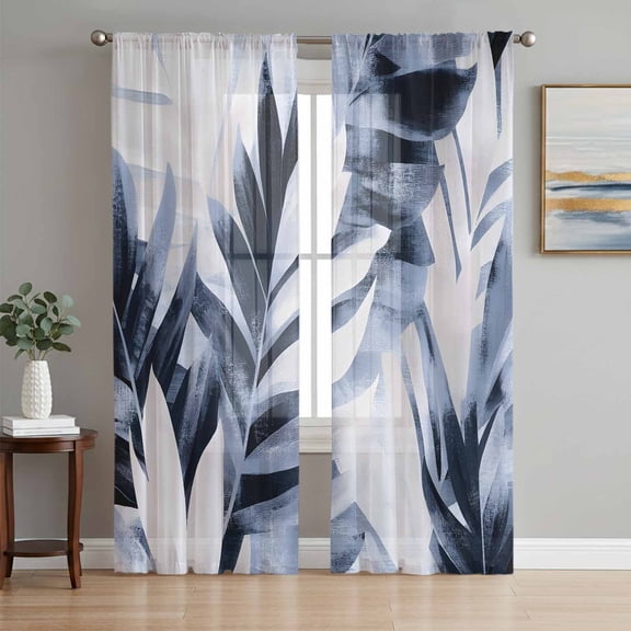 Navy Blue Palm Leaf Sheer Curtains 84 Inch Length 2 Panels Set, Botanical Vintage Tropical Leaves Voile Window Treatment Rod Pocket Curtains Sheers Drapes for Bedroom/Living Room/Kitchen 52"x84"x2