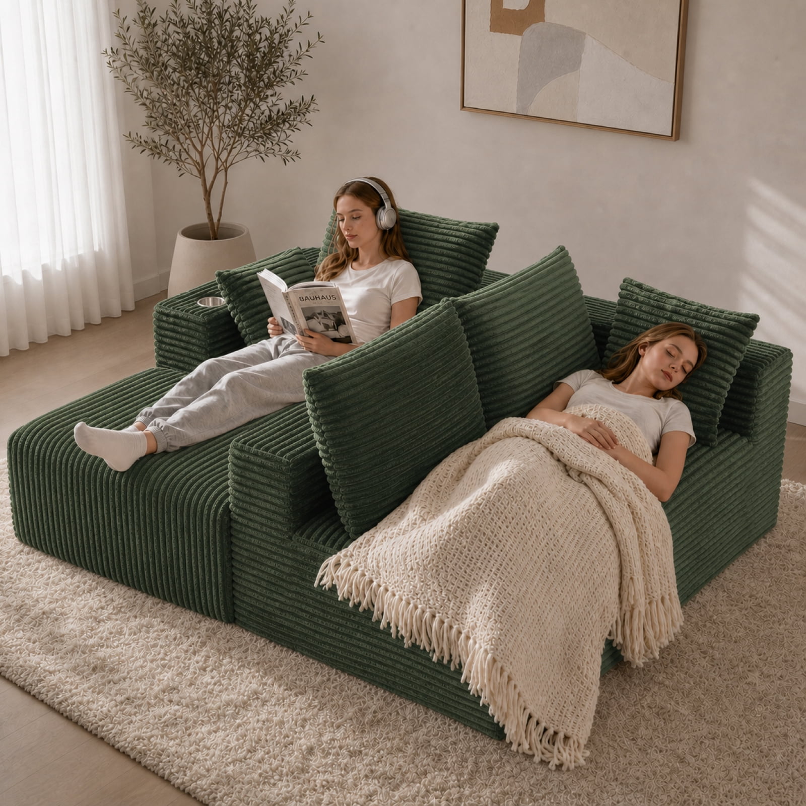 95'' Boneless L Shape Modular Sofa Couch with 4 Pillows and 2 Cup Holders
