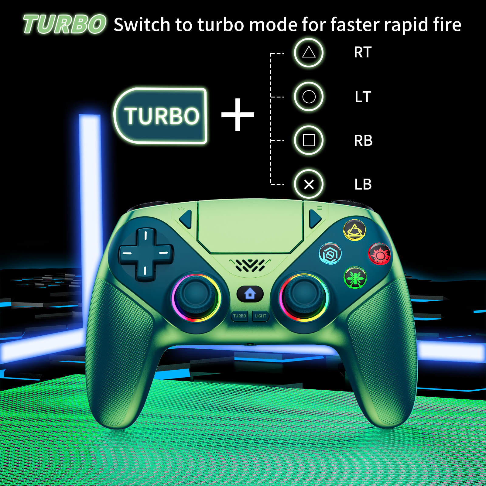 Control inalámbrico LED para P5, compatible con P5 Pro/Slim/PC, doble vibración, función macro/turbo, conector de audio de 3.5mm, control de movimiento de 6 ejes con altavoz y RGB (verde azulado) 3