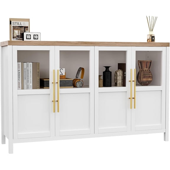 White 55 Inch Sideboard Buffet Cabinet with Four Glass Doors Large Modern Farmhouse Storage for Kitchen Dining and Living Room White