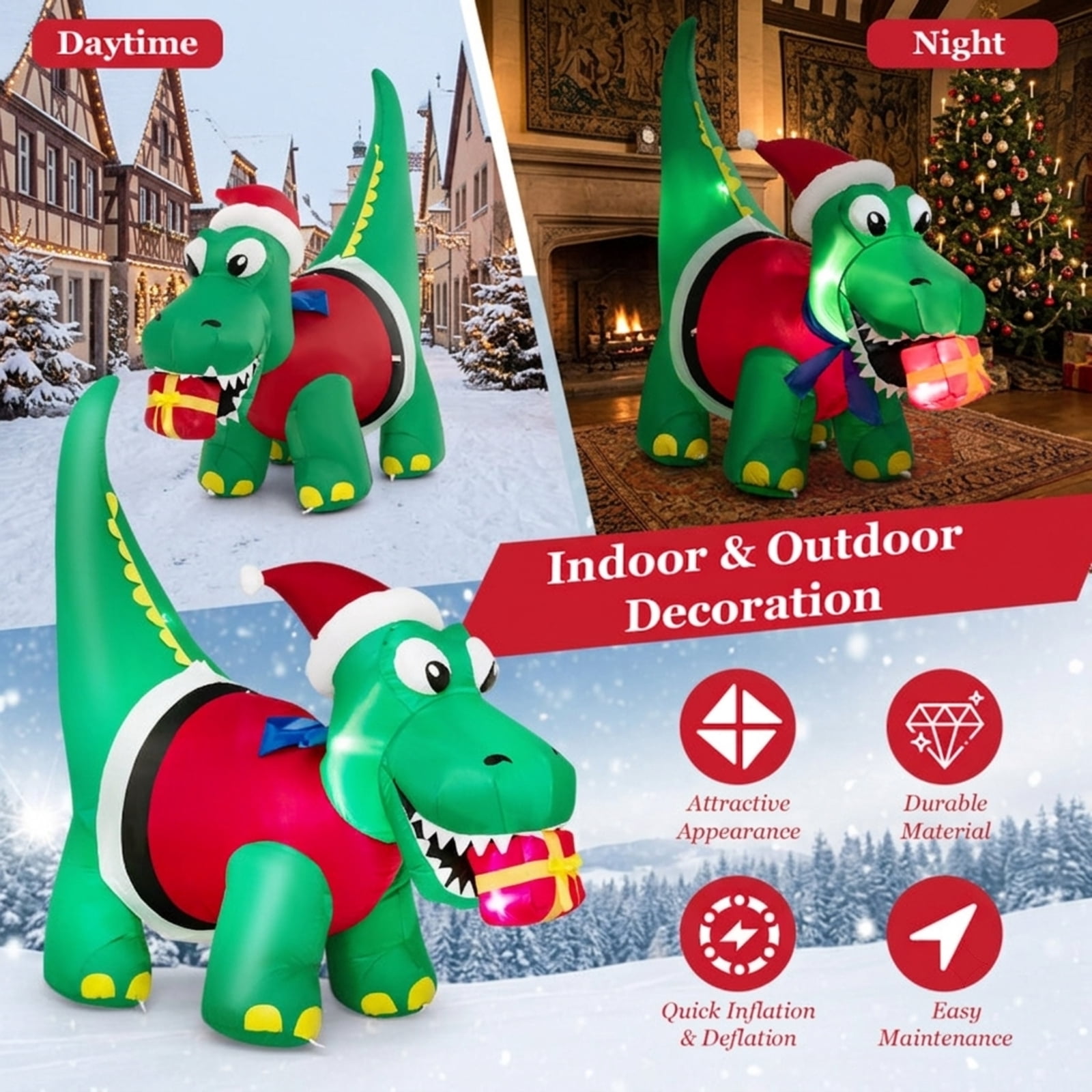 RUIE 6 FT Christmas Inflatable Dinosaur, Blow Up Dino with Santa Hat Gift Box and LED Lights, Lighted Outdoor Yard Decor for Lawn Party - Green