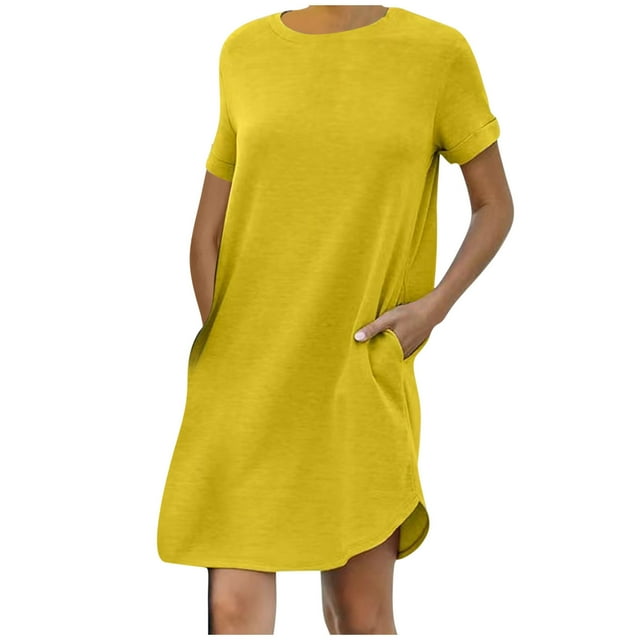 AherBiu Robe T-Shirt pour Femmes 2024 Été à Manches Courtes Col Ras du Cou Mini Robe Décontractée Ample Courte avec Poches