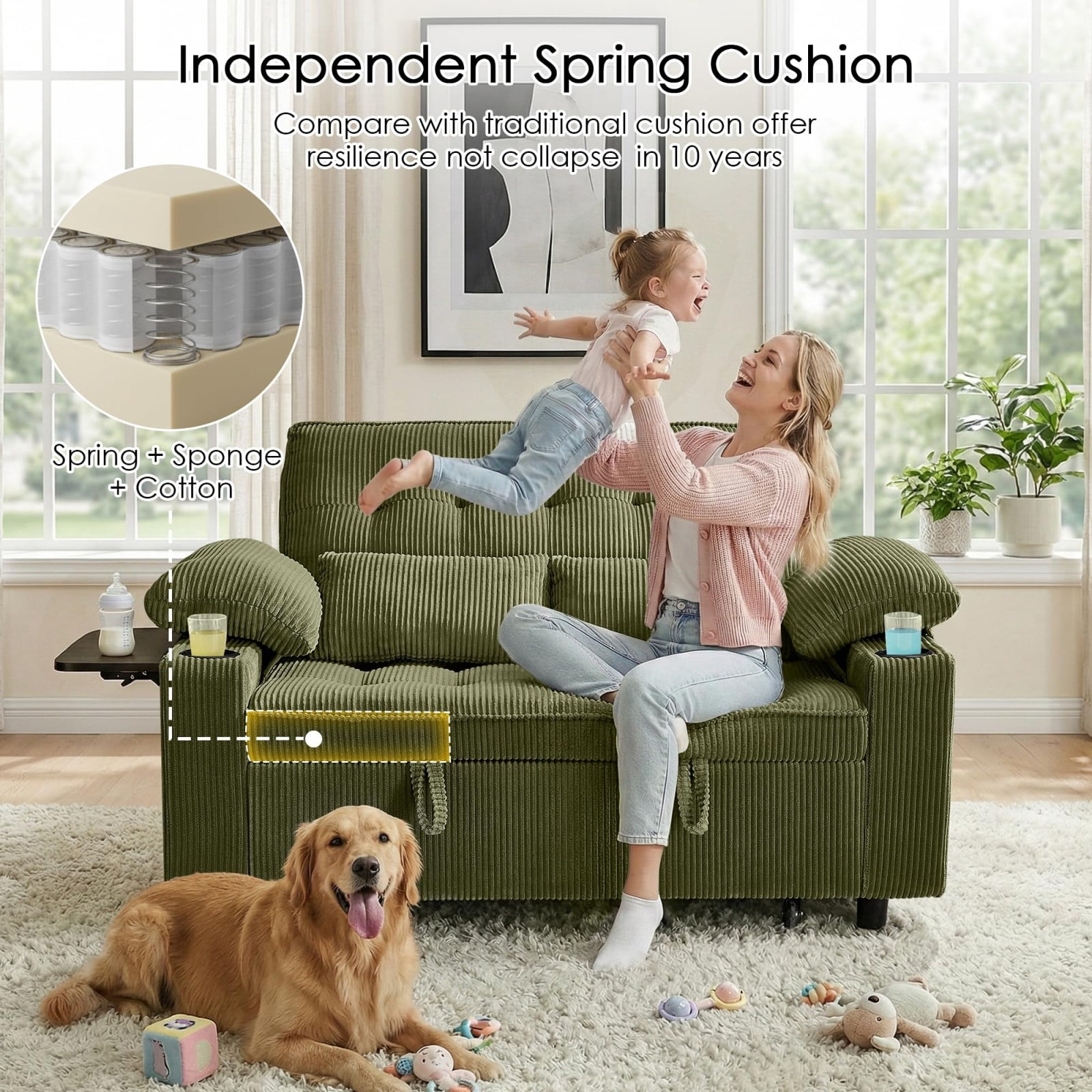 58" Sleeper Sofa Bed, Convertible Pull Out Couch Full Size Loveseat with Corduroy Fabric, USB Charging, Adjustable Backrest for Living Room Apartment Office, Green