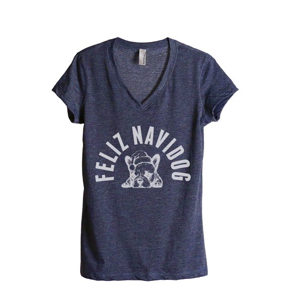 Feliz Navidog Women's Fashion Relaxed V-Neck T-Shirt Tee Heather Navy X-Large