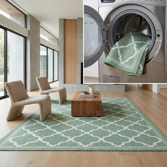 SAFAVIEH Machine Washable Rug Indoor/Outdoor Bermuda Collection - Bermuda Tamaya Geometric Machine Washable Indoor/Outdoor Area Rug, Green/Ivory, 9' x 12'
