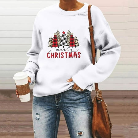 

jsaierl Christmas Sweatshirts for Women Round Neck Long Sleeve Shirts Christmas Tree Print Tops Graphic Funny Blouse Tee Xmas Pullover Gifts