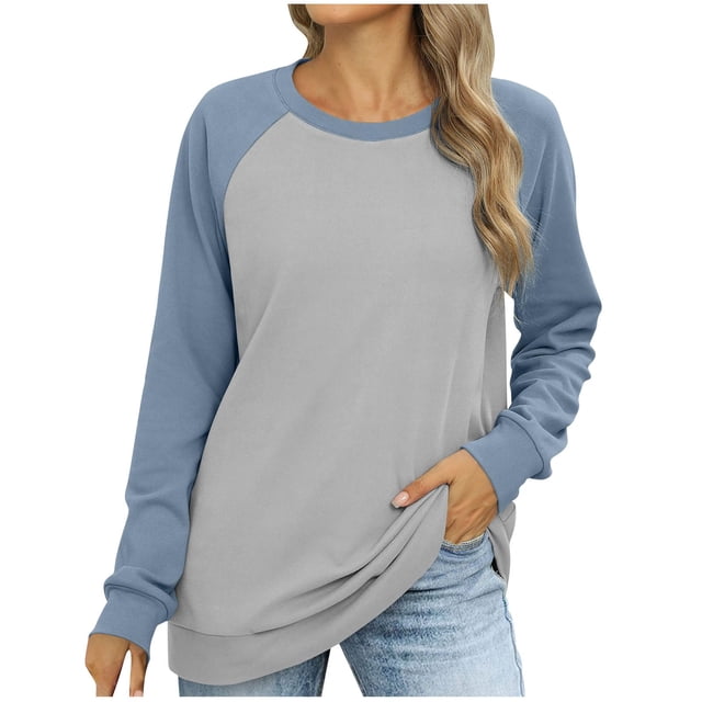 MeetoTime Women's Fashion Drop Shoulder Tops Fleece Crew Neck Long Sleeve Color Block Fall T-Shirts