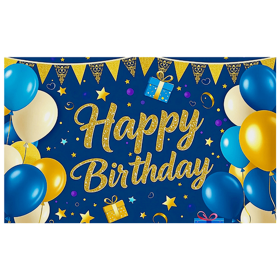 Blue Background Happy Birthday Glitter Banner with Balloons Stars and Gifts Party Decoration Backdrop for Birthday Party Photography Props Celebrations Decor