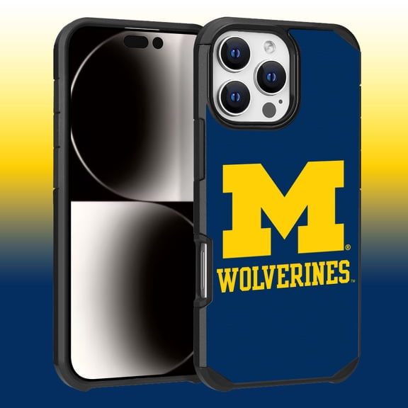 Apple iPhone 16 Pro Max (6.9) - Licensed NCAA University of Michigan Wolverines Logo on Dark Blue Textured Dual Layer Case