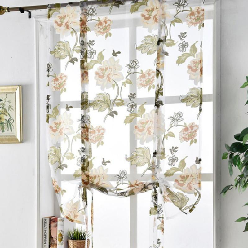 Beauty Peony Floral Roman Curtain Sheer Tie Up Window Balloon Shade Voile #6 