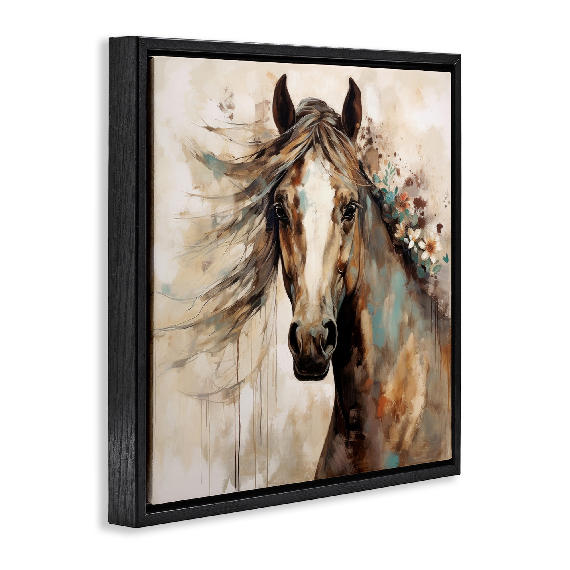 Stupell Industries Brown Horse with Florals Animals & Insects Painting Black Floater Framed Canvas Art Print Wall Art, 18 x 18