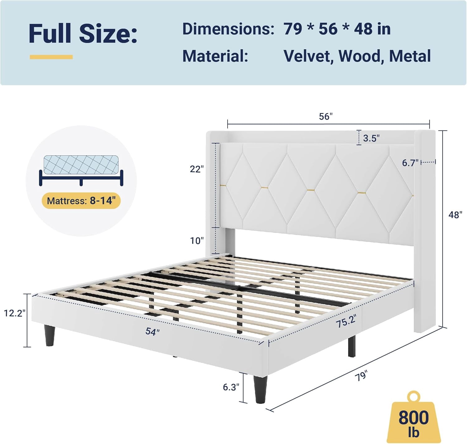 Allewie Velvet Full Upholstered Bed Frame with Wingback Storage Headboard & Charging Station, Platform Bed with Diamond Tufted Design & Gold Trim, No Box Spring Needed, Easy Assembly, White