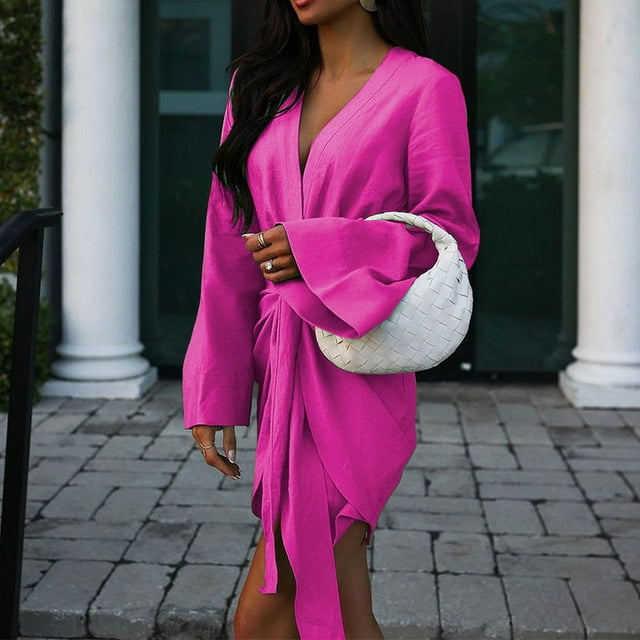 Robe Mini Chic Élégante à Col en V, Couleur Unie, Femme, Printemps, Manches Longues, Fendue, Robe de Soirée, Robe de Bureau Plissée à Lacets Drapée
