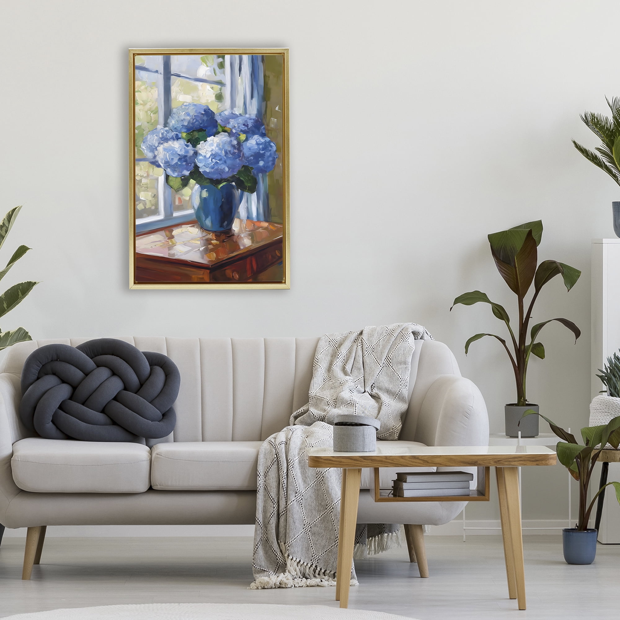 Stupell Industries Winter Hydrangeas by Window Gold Framed Floater Canvas Wall Art, design by Creative Studio