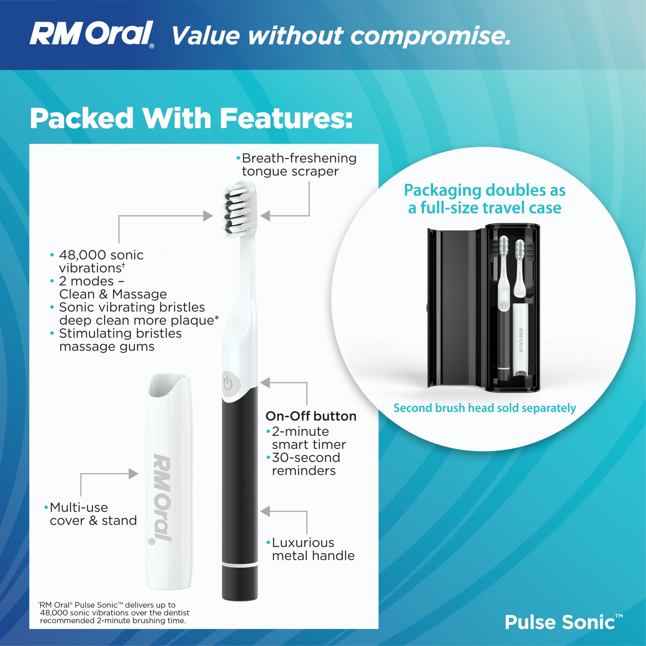 RM ORAL Pulse Sonic Powered Toothbrush, Metal Handle, Case, Soft - Black