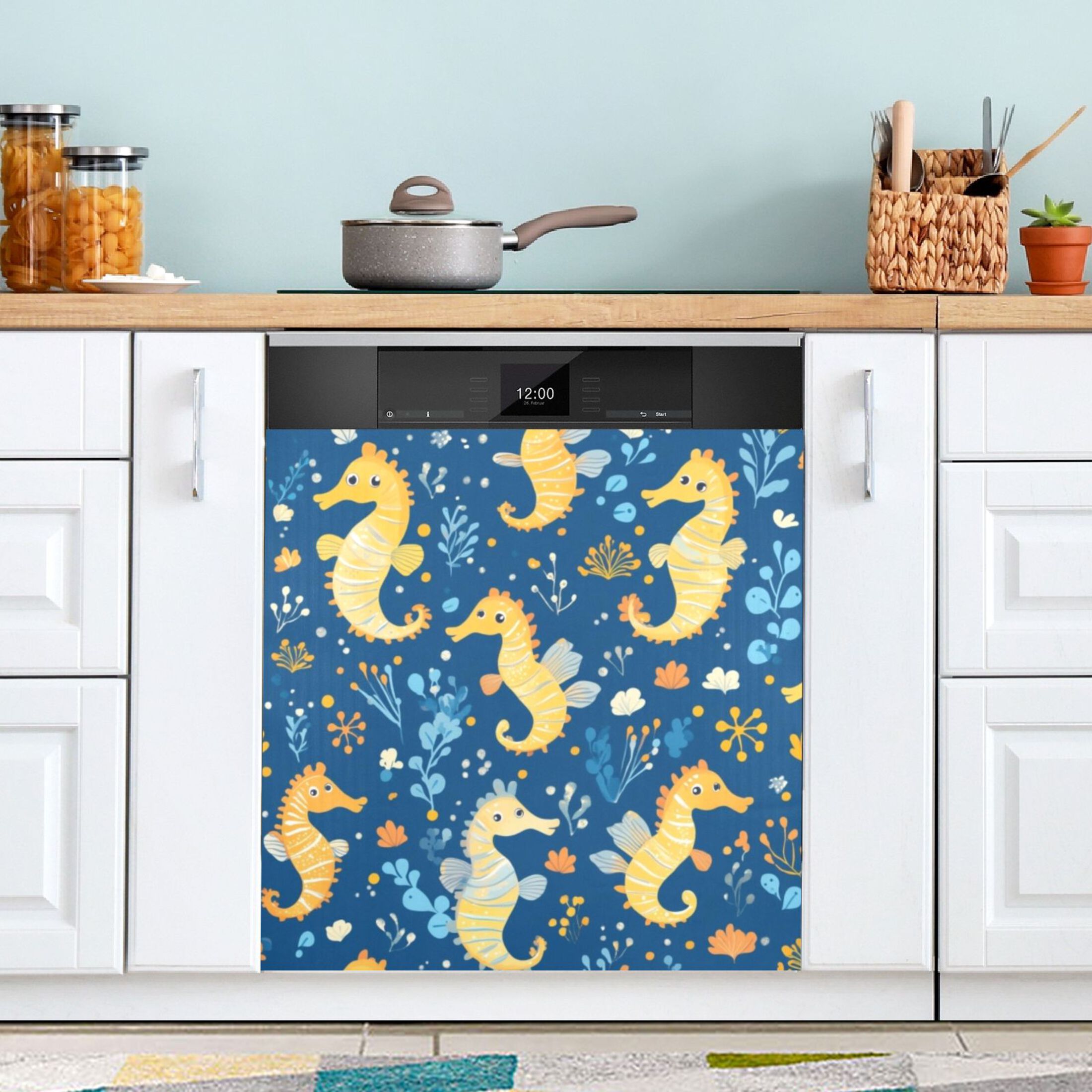 Dishwasher Magnetic Sticker 23x26 Inch Refrigerator Magnetic Sticker Washing Machine Magnetic Sticker Kitchen Panel Magnetic Sticker Home Decor Cartoon Yellow Seahorse
