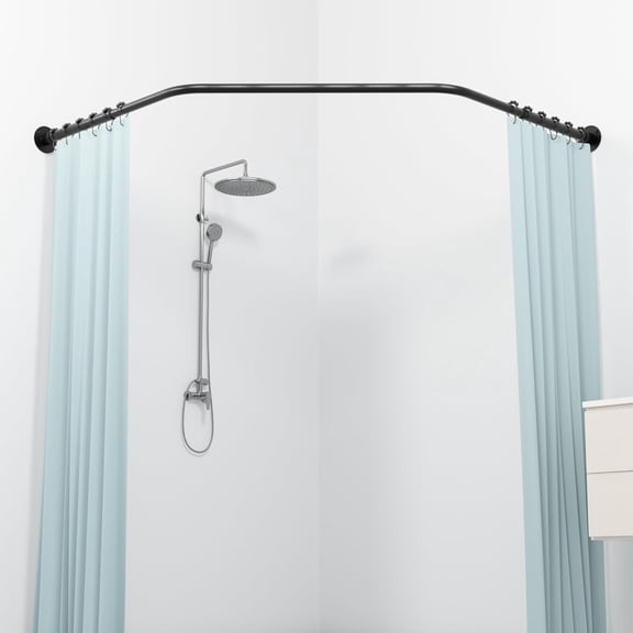 corner shower rod middle 43", both sides 21"-36", showe rod pole large size, round shower curtain rod for bathroom bathtub with 12 hooks & Ceiling Support - Black