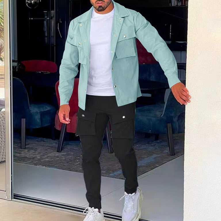 JUUYY Men's Multi Pocket 2 Pieces Outfits Long Sleeve Button