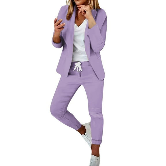 Prolriy Pant Suits for Women, Women's Two Piece Lapels Suit Set Office Business Long Sleeve Jacket Pant Suit Slim Fit Trouser Jacket Suit Womens 2 Piece Outfits Purple L