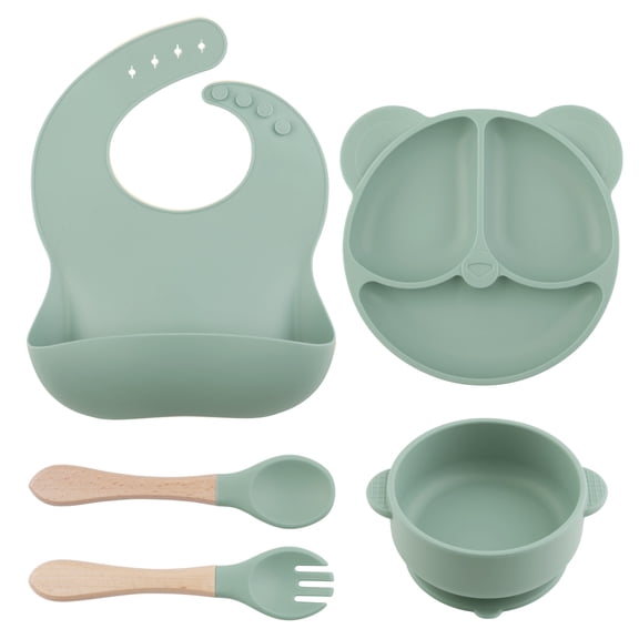 Silicone Baby Feeding Set, Food Grade Silicone Suction Bowl, Divided Suction Plates, Bib, Spoons Set, Toddlers Self Feeding Supplies Set