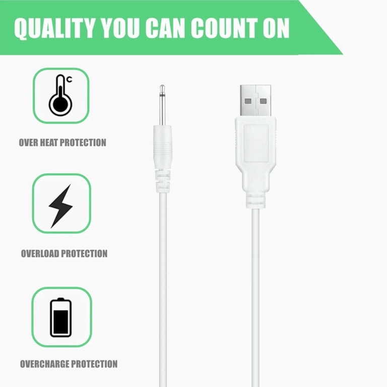 FITE ON 3ft White DC Charging Cable USB Charger Cord Replacement for Rechargeable Wand s 2.5mm