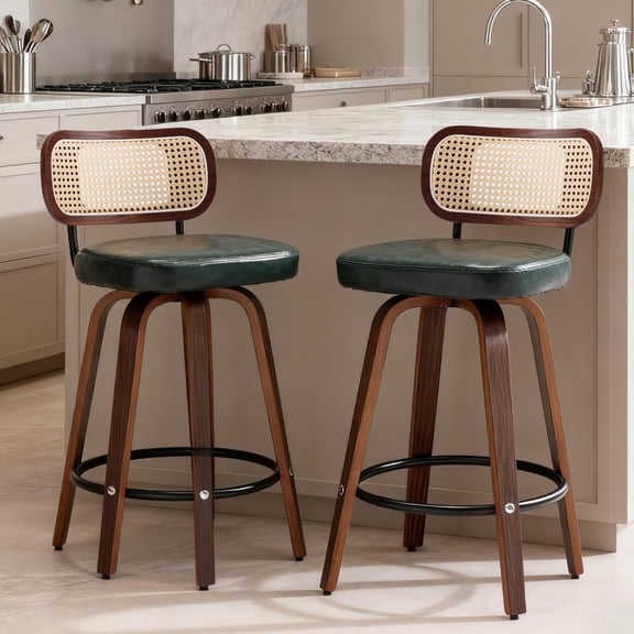 Natural Rattan Bar Stools Set of 2,Upholstered PU Leather Counter Height Barstools with Back and Bent Wood Legs,360°Swivel,Mid-Century Modern Bar Stool for Kitchen Island Dining Room and Bar(Green)
