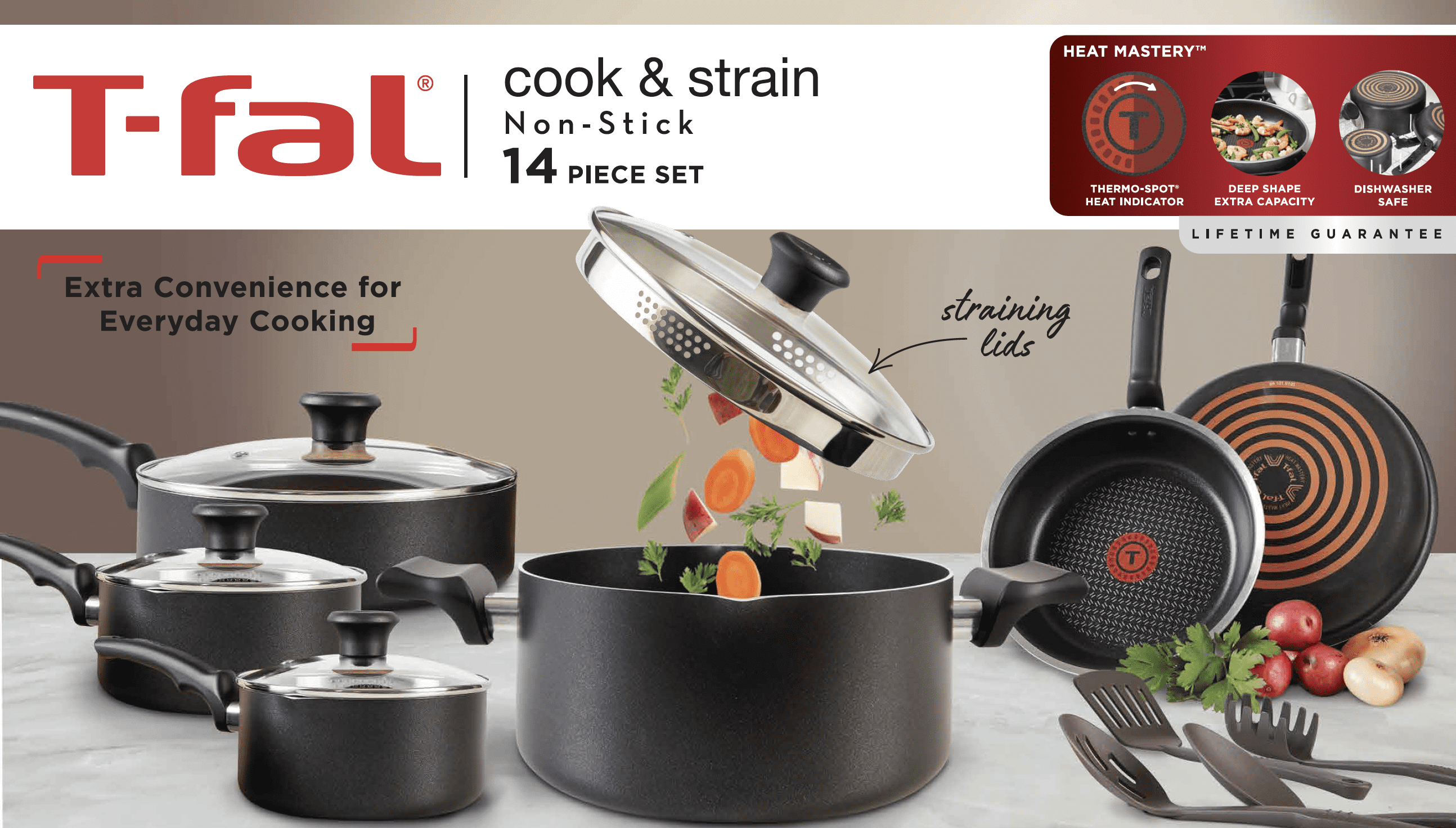 T-fal Cook & Strain Nonstick Cookware Set, 14 piece Set, Black, Dishwasher  Safe 