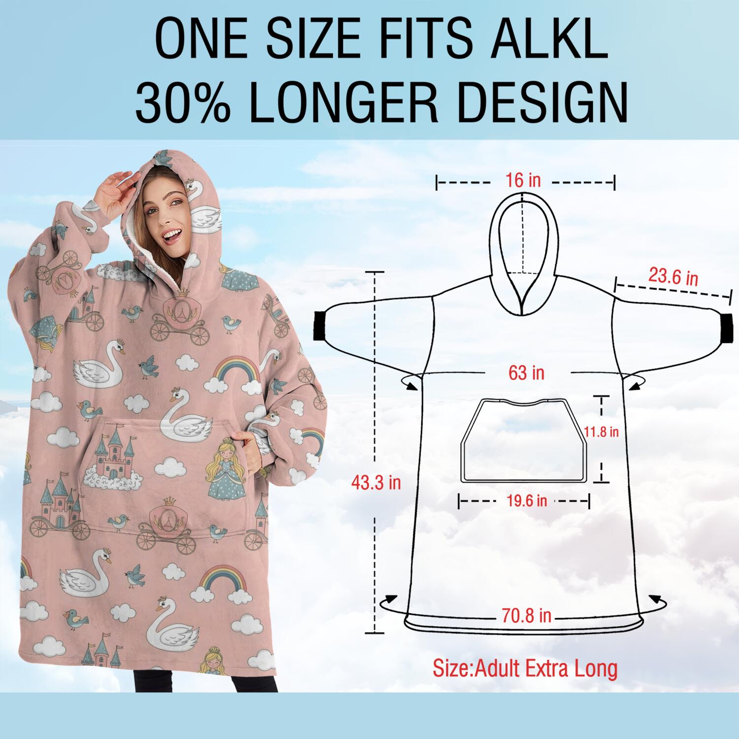 Oversized Wearable Blanket Hoodie,Swan Princess Castle Pattern Sherpa Blanket Hoodie with Super Pockets,Super Warm Fuzzy Pullover for Women & Men