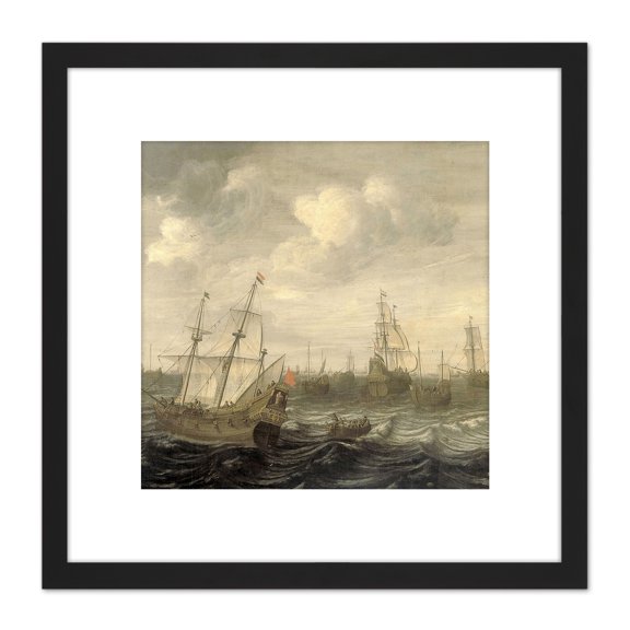 Beelt Dutch Herring Fleet Under Sail Ship Painting 8X8 Inch Square Wooden Framed Wall Art Print Picture with Mount